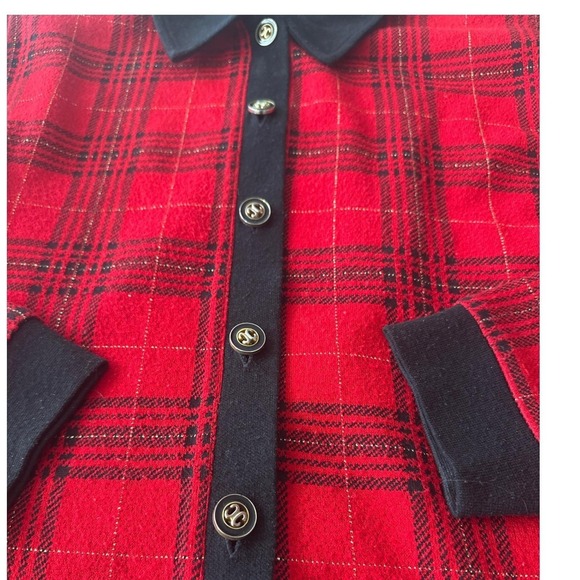 VTG Cathy Daniels Red Black Plaid Gold Accent Button Cardigan Sweater Women L - Picture 3 of 11